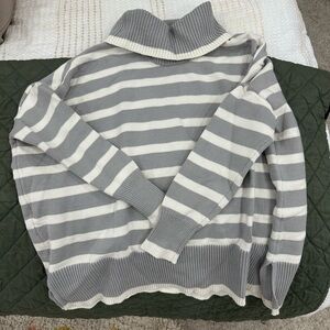 LOFT Gray and Cream Striped Turtleneck Sweater